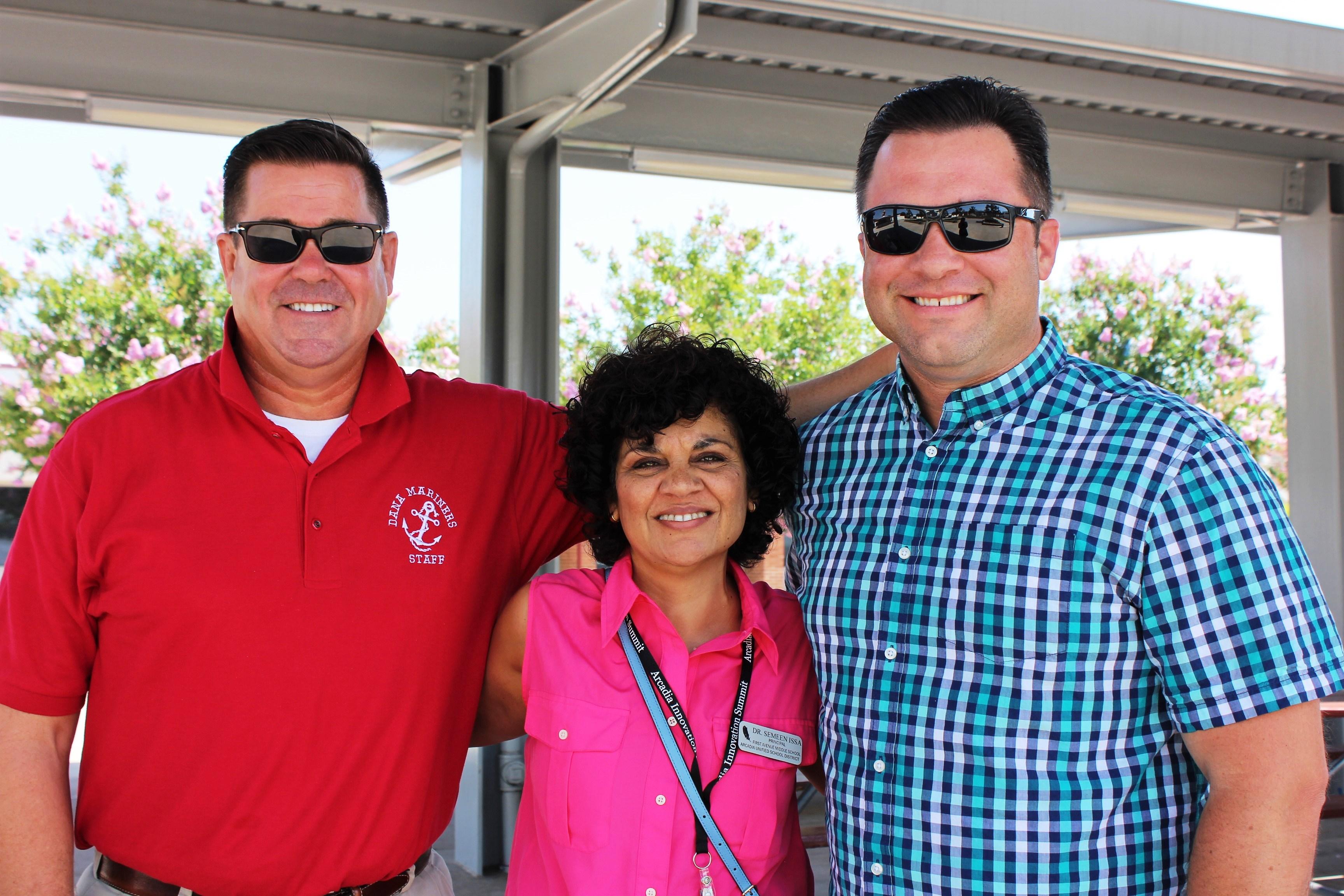 From left to right, Dr. Daniel Hacking, Principal Dana Middle School, Dr. Semeen Issa, Principal First Avenue Middle School, Mr. Benjamin Acker, Principal Foothills Middle School 